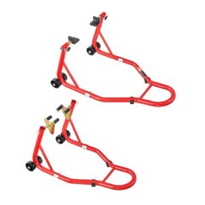 motorcycle stand lift, 850lbs capacity front rear combo stand lift, front wheel dual fork stand, rear u+l fork swingarm spool stand, for most yamaha honda kawasaki suzuki motorcycles, red