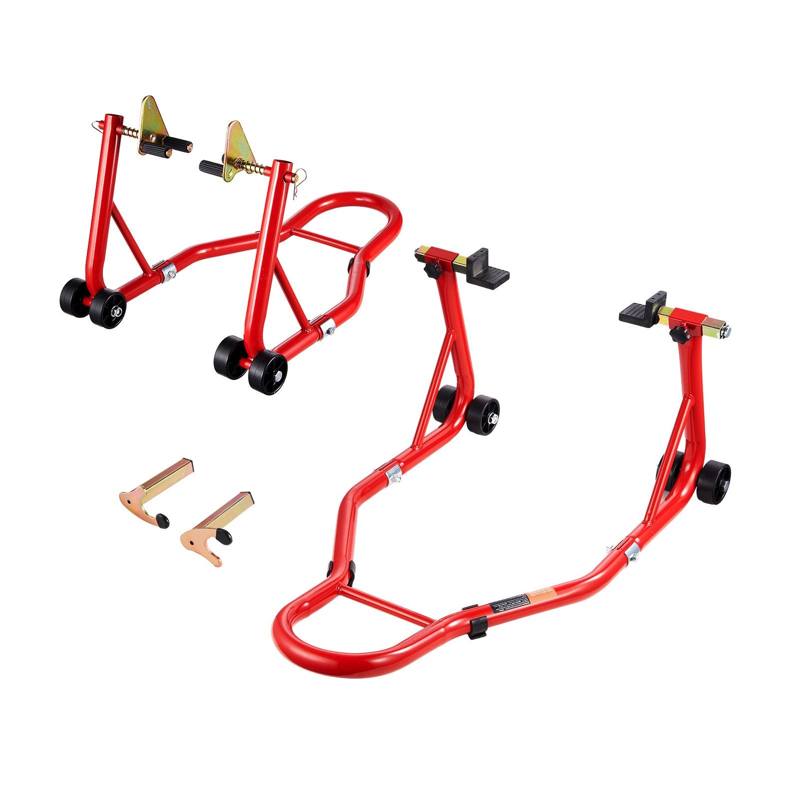 motorcycle stand lift, 850lbs capacity front rear combo stand lift, front wheel dual fork stand, rear u+l fork swingarm spool stand, for most yamaha honda kawasaki suzuki motorcycles, red