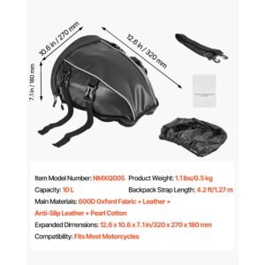 motorcycle tail bag, 10 l motorcycle rear seat bag with waterproof rain cover, outdoor sports motorbike luggage storage trunk rack backpack handbag with shoulder strap and inner pocket, black
