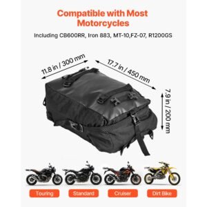 motorcycle tail bag, 30 l motorcycle rear seat bag with waterproof rain cover, outdoor sports motorbike luggage storage trunk rack backpack with shoulder straps, universal fit rear racks, black