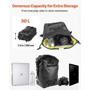 motorcycle tail bag, 30 l motorcycle rear seat bag with waterproof rain cover, outdoor sports motorbike luggage storage trunk rack backpack with shoulder straps, universal fit rear racks, black