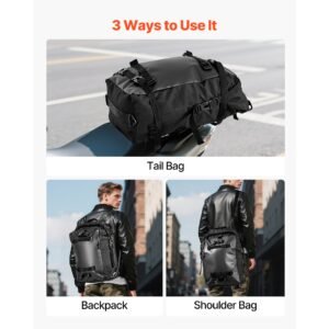 motorcycle tail bag, 30 l motorcycle rear seat bag with waterproof rain cover, outdoor sports motorbike luggage storage trunk rack backpack with shoulder straps, universal fit rear racks, black
