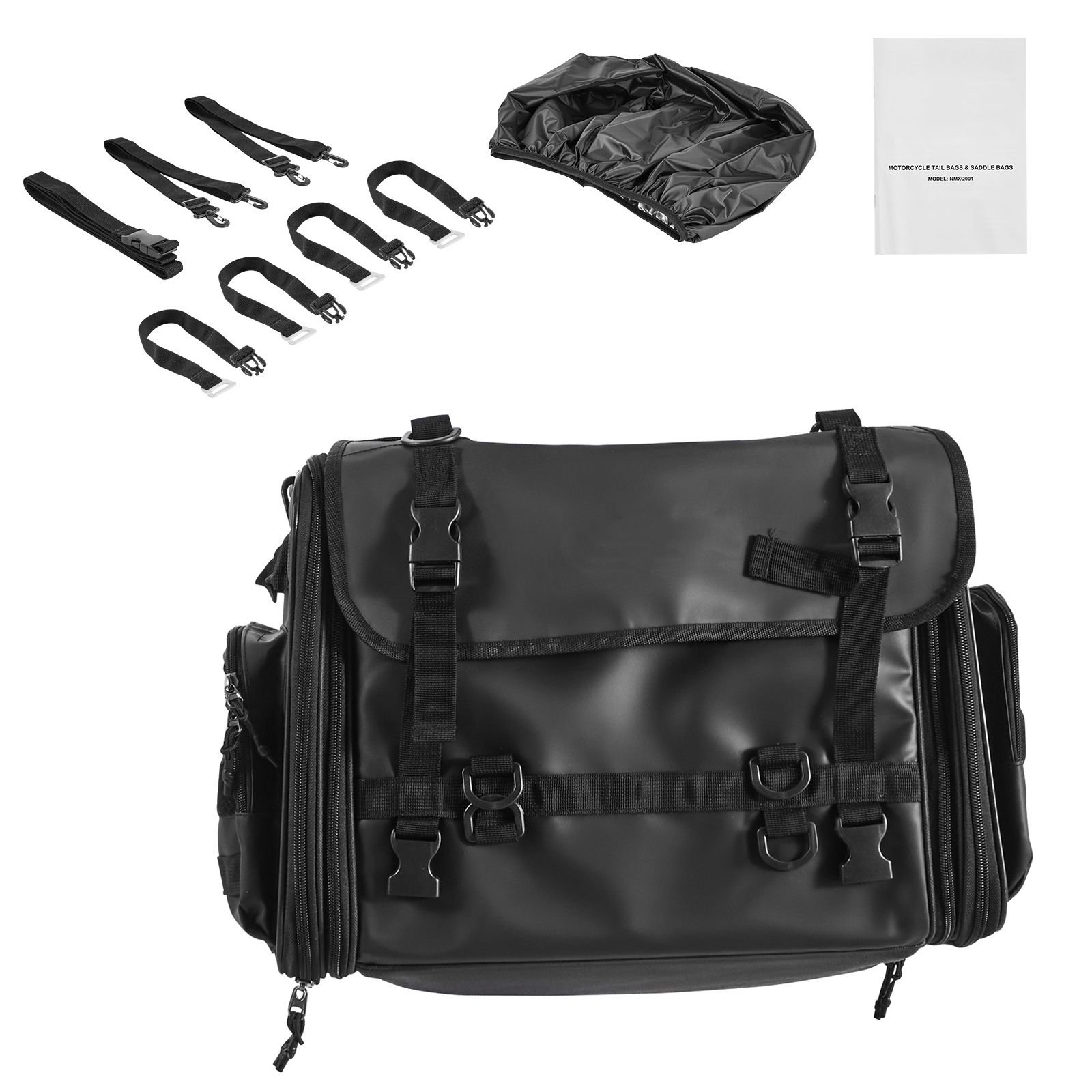 motorcycle tail bag, 40 60 l expandable motorcycle rear seat bag with waterproof rain cover, foldable outdoor sports motorbike luggage storage with shoulder straps, pocket & elastic cord, black