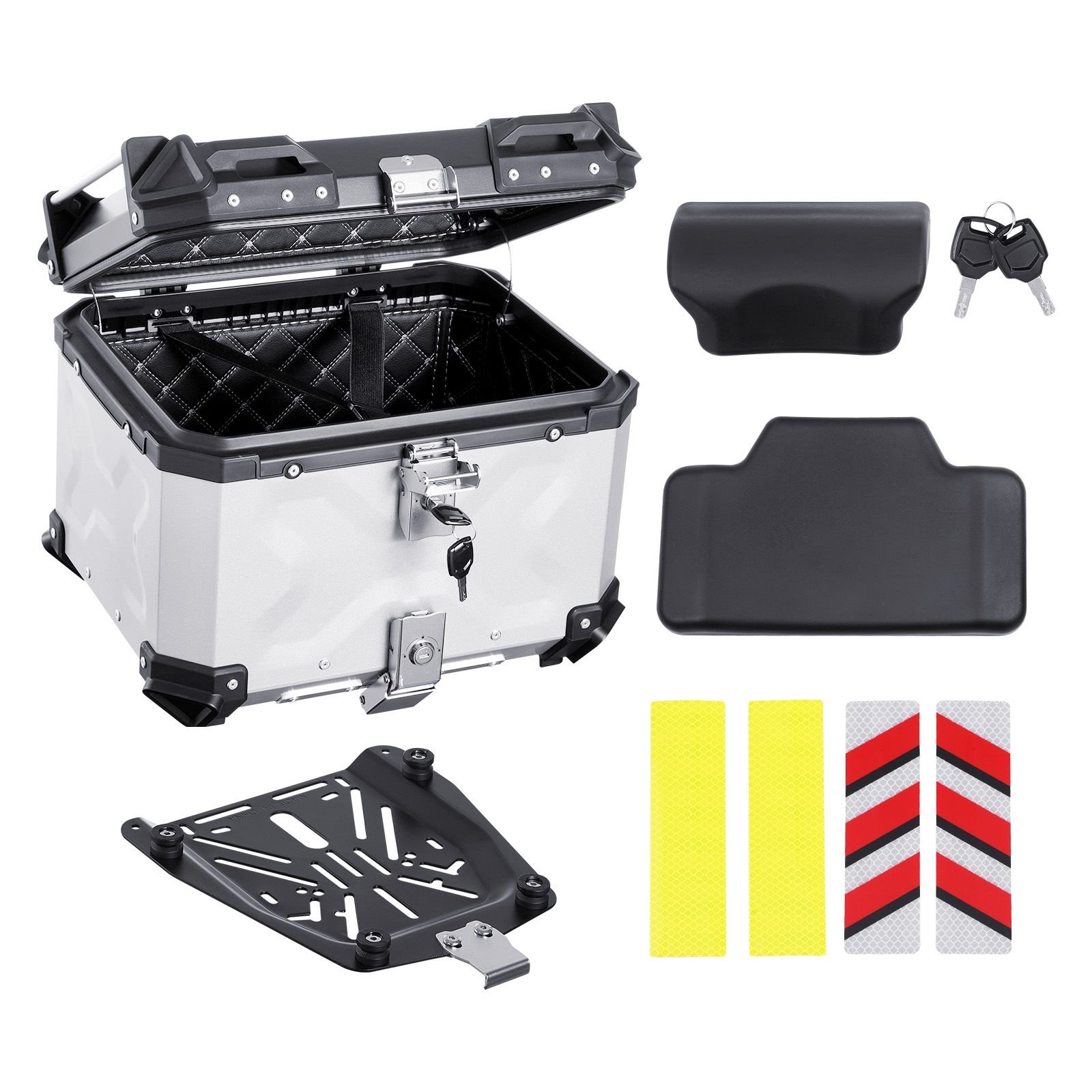 motorcycle top case, universal aluminum alloy motorbike tail box with leather lining, 45l waterproof detachable motorcycle top box with lock & back cushion, fit for 99% of motorcycle frames