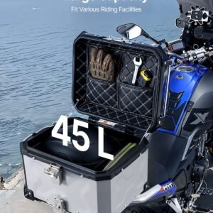 motorcycle top case, universal aluminum alloy motorbike tail box with leather lining, 45l waterproof detachable motorcycle top box with lock & back cushion, fit for 99% of motorcycle frames