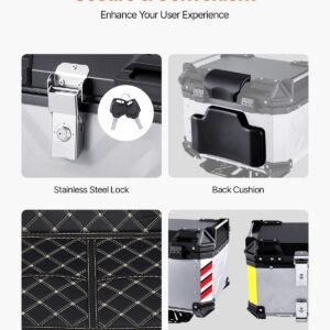 motorcycle top case, universal aluminum alloy motorbike tail box with leather lining, 45l waterproof detachable motorcycle top box with lock & back cushion, fit for 99% of motorcycle frames