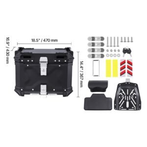 motorcycle top case, universal aluminum alloy motorbike tail box with leather lining, 55l waterproof detachable motorcycle top box with lock & back cushion, fit for 99% of motorcycle frames