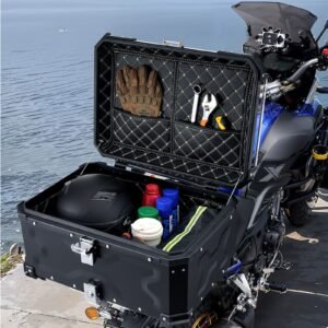 motorcycle top case, universal aluminum alloy motorbike tail box with leather lining, 55l waterproof detachable motorcycle top box with lock & back cushion, fit for 99% of motorcycle frames