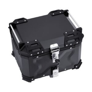 motorcycle top case, universal aluminum alloy motorbike tail box with leather lining, 55l waterproof detachable motorcycle top box with lock & back cushion, fit for 99% of motorcycle frames