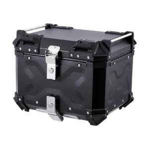 motorcycle top case, universal aluminum alloy motorbike tail box with leather lining, 55l waterproof detachable motorcycle top box with lock & back cushion, fit for 99% of motorcycle frames