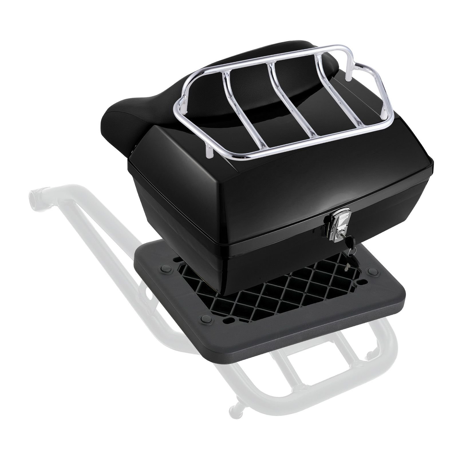 motorcycle top case, universal durable pp material motorbike tail box with reflective panel, 48l waterproof detachable motorcycle top box with multi hole base, fit for 99% of motorcycle frames
