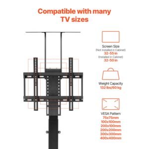 motorized tv lift stand, 132 lbs max load adjustable tv lift stand mount bracket, vertical electric tv bracket with remote control, for 32 55 in (not in cabinet) / 32 50 in (in cabinet) tvs