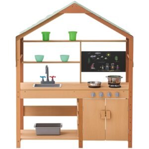 Mud Kitchen for Kids, Wooden Toy Play Kitchen Set with Accessories, Outdoor Toddler Grocery Store Playset, Pretend Play Kitchen with Stoves, Planter Boxes, Sink, Faucet, Blackboard, Cookware Pot