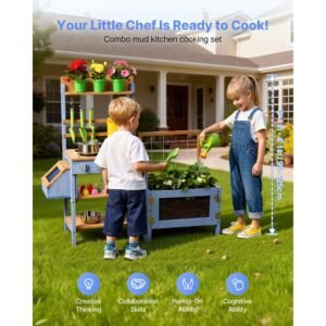 mud kitchen, outdoor mud kitchen for kids, wood outdoor play kitchens with planting box, critter catcher container, tank, sink, cookware pots and accessories, wooden play kitchens for lawn, yard