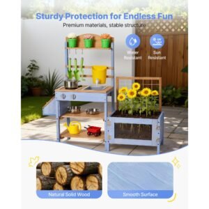 mud kitchen, outdoor mud kitchen for kids, wood outdoor play kitchens with planting box, critter catcher container, tank, sink, cookware pots and accessories, wooden play kitchens for lawn, yard