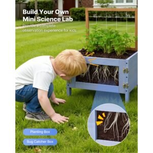 mud kitchen, outdoor mud kitchen for kids, wood outdoor play kitchens with planting box, critter catcher container, tank, sink, cookware pots and accessories, wooden play kitchens for lawn, yard