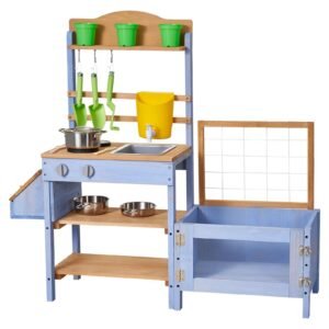 Mud Kitchen, Outdoor Mud Kitchen for Kids, Wood Outdoor Play Kitchens with Planting Box, Critter Catcher Container, Tank, Sink, Cookware Pots and Accessories, Wooden Play Kitchens for Lawn, Yard