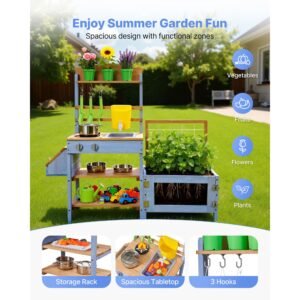 mud kitchen, outdoor mud kitchen for kids, wood outdoor play kitchens with planting box, critter catcher container, tank, sink, cookware pots and accessories, wooden play kitchens for lawn, yard