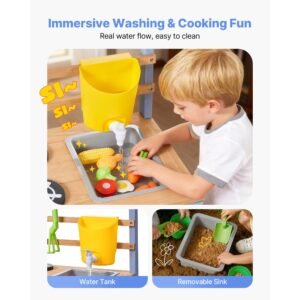 mud kitchen, outdoor mud kitchen for kids, wood outdoor play kitchens with planting box, critter catcher container, tank, sink, cookware pots and accessories, wooden play kitchens for lawn, yard