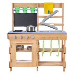 Mud Kitchen, Outdoor Mud Kitchen for Kids, Wood Outdoor Play Kitchens with Stoves, Hooks, Sinks, Planting Shovels, Spatulas, Handle, Cookware Pots and Accessories, Play with Water and Sand