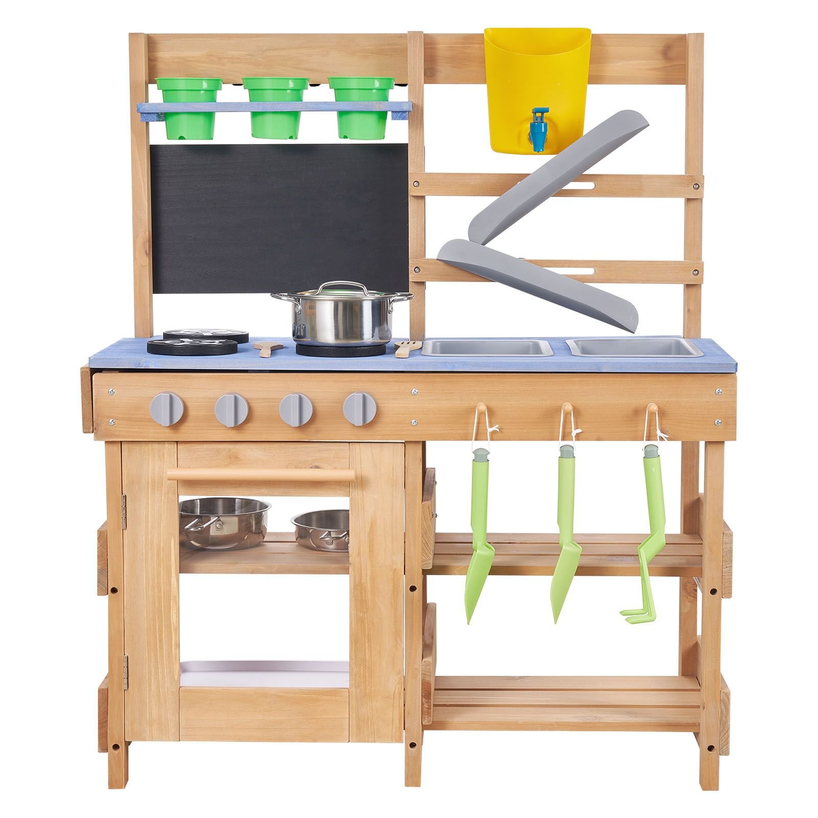 mud kitchen, outdoor mud kitchen for kids, wood outdoor play kitchens with stoves, hooks, sinks, planting shovels, spatulas, handle, cookware pots and accessories, play with water and sand
