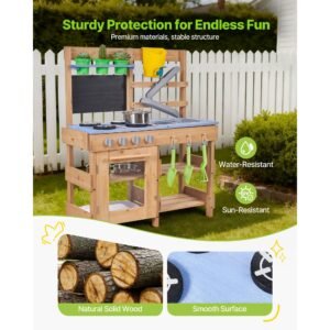 mud kitchen, outdoor mud kitchen for kids, wood outdoor play kitchens with stoves, hooks, sinks, planting shovels, spatulas, handle, cookware pots and accessories, play with water and sand
