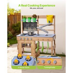 mud kitchen, outdoor mud kitchen for kids, wood outdoor play kitchens with stoves, hooks, sinks, planting shovels, spatulas, handle, cookware pots and accessories, play with water and sand