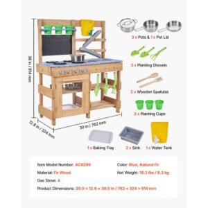 mud kitchen, outdoor mud kitchen for kids, wood outdoor play kitchens with stoves, hooks, sinks, planting shovels, spatulas, handle, cookware pots and accessories, play with water and sand