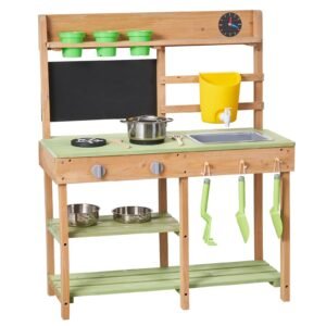 mud kitchen, outdoor mud kitchen for kids, wood outdoor play kitchens with stoves, tank, sink, planting shovels, spatulas, box, cookware pots and accessories, wooden play kitchens for home, lawn