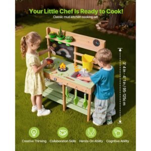 mud kitchen, outdoor mud kitchen for kids, wood outdoor play kitchens with stoves, tank, sink, planting shovels, spatulas, box, cookware pots and accessories, wooden play kitchens for home, lawn
