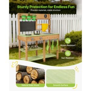 mud kitchen, outdoor mud kitchen for kids, wood outdoor play kitchens with stoves, tank, sink, planting shovels, spatulas, box, cookware pots and accessories, wooden play kitchens for home, lawn