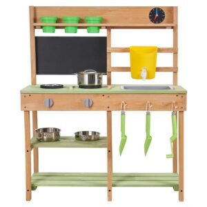 Mud Kitchen, Outdoor Mud Kitchen for Kids, Wood Outdoor Play Kitchens with Stoves, Tank, Sink, Planting Shovels, Spatulas, Box, Cookware Pots and Accessories, Wooden Play Kitchens for Home, Lawn