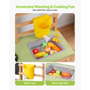 mud kitchen, outdoor mud kitchen for kids, wood outdoor play kitchens with stoves, tank, sink, planting shovels, spatulas, box, cookware pots and accessories, wooden play kitchens for home, lawn