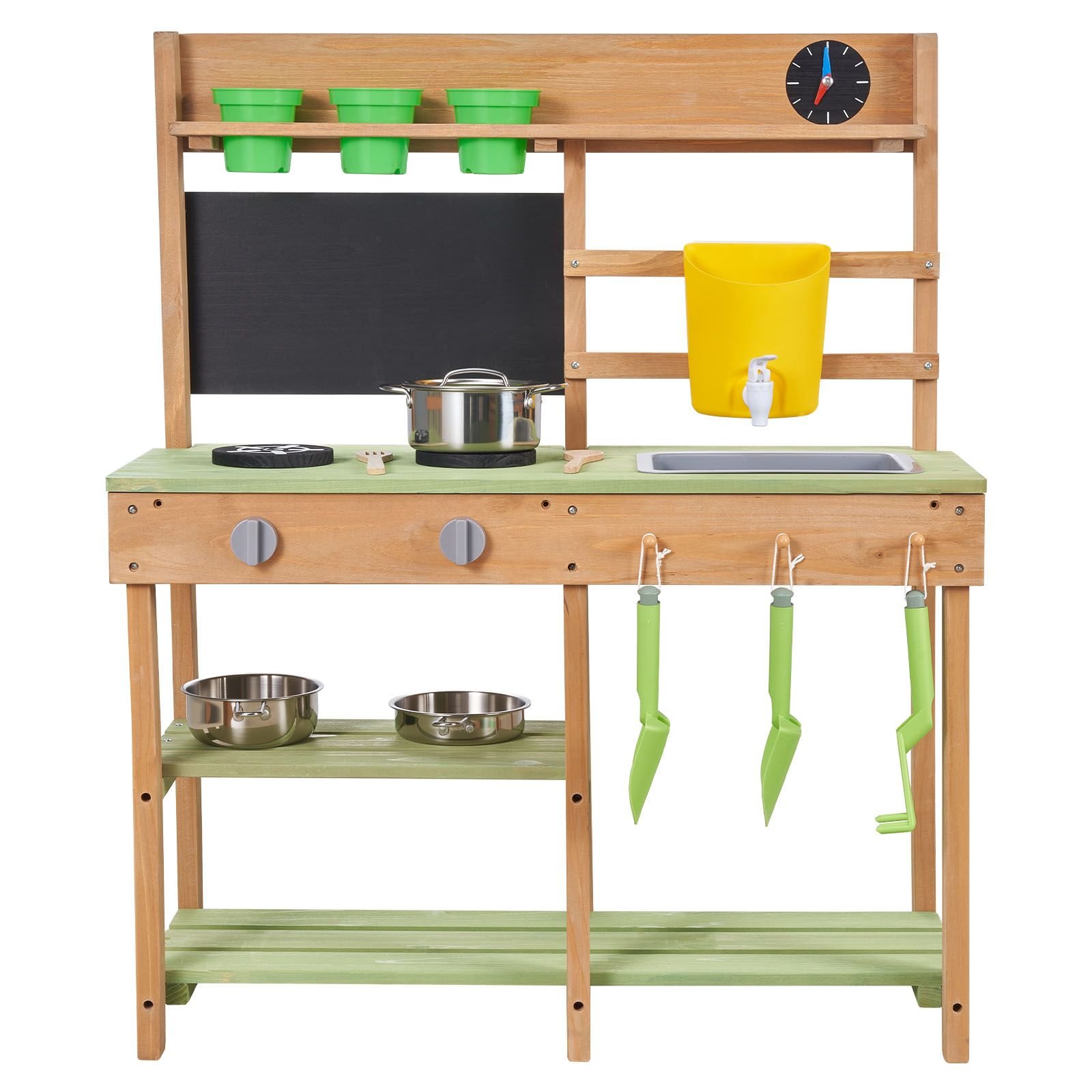 mud kitchen, outdoor mud kitchen for kids, wood outdoor play kitchens with stoves, tank, sink, planting shovels, spatulas, box, cookware pots and accessories, wooden play kitchens for home, lawn