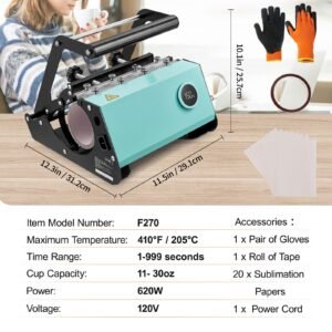 mug heat press, 11 30oz tumbler heat press machine, sublimation transfer straight skinny tumblers, cup heat press with heat resist gloves & tape, diy ceramic mugs cups glasses, as gift, green