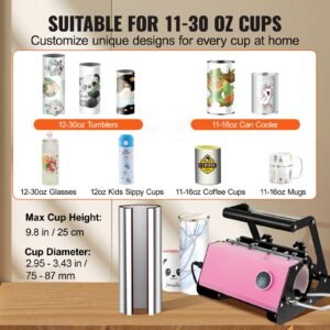 mug heat press, 11 30oz tumbler heat press machine, sublimation transfer straight skinny tumblers, cup heat press with heat resist gloves & tape, diy ceramic mugs cups glasses, as gift, pink