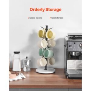 mug holder tree with marble base, 8 hooks coffee cup holder for counter, carbon steel mug tree cup rack stand, upgraded coffee cup tree for coffee bar kitchen home organizer (matte black)