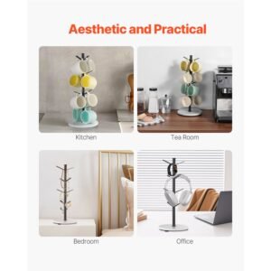 mug holder tree with marble base, 8 hooks coffee cup holder for counter, carbon steel mug tree cup rack stand, upgraded coffee cup tree for coffee bar kitchen home organizer (matte black)