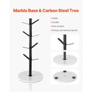 mug holder tree with marble base, 8 hooks coffee cup holder for counter, carbon steel mug tree cup rack stand, upgraded coffee cup tree for coffee bar kitchen home organizer (matte black)