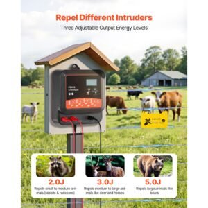 multi powered electric fence charger, 2j/3j/5j, electric fence energizer with real time led display, 6.2 miles range, ac dc powerful fences charger, keep out wild animals, for livestock poultry