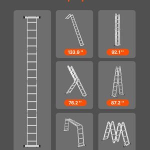 multi purpose folding ladder, 7 in 1 tall extension step ladder, a frame 4 step telescoping ladder, 15.5ft reach height heavy duty adjustable ladder, 330 lbs capacity for home outdoor