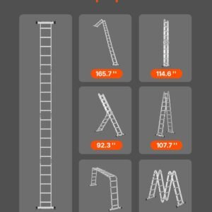 multi purpose folding ladder, 7 in 1 tall extension step ladder, a frame 5 step telescoping ladder, 19ft reach height heavy duty adjustable ladder, 330 lbs capacity for home outdoor metal