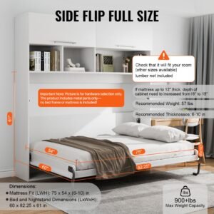 murphy bed kit, full size, deluxe diy wall bed mechanical hardware kit, pneumatic lever heavy duty bed frame support, folding cabinet wall bed space saving design for guestroom, easy to build