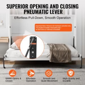 murphy bed kit, queen size, vertical deluxe diy wall bed mechanical hardware kit, pneumatic lever heavy duty bed frame support, folding cabinet wall bed space saving design for guestroom