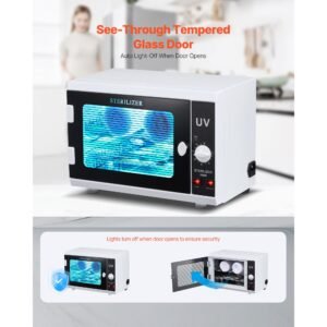 nail tool cleaning machine, 12l large capacity, knob control, tool cabinet cleaner box with timer setting, tempered glass door, 185nm wavelength, for labs, home, nail salons, beauty salons