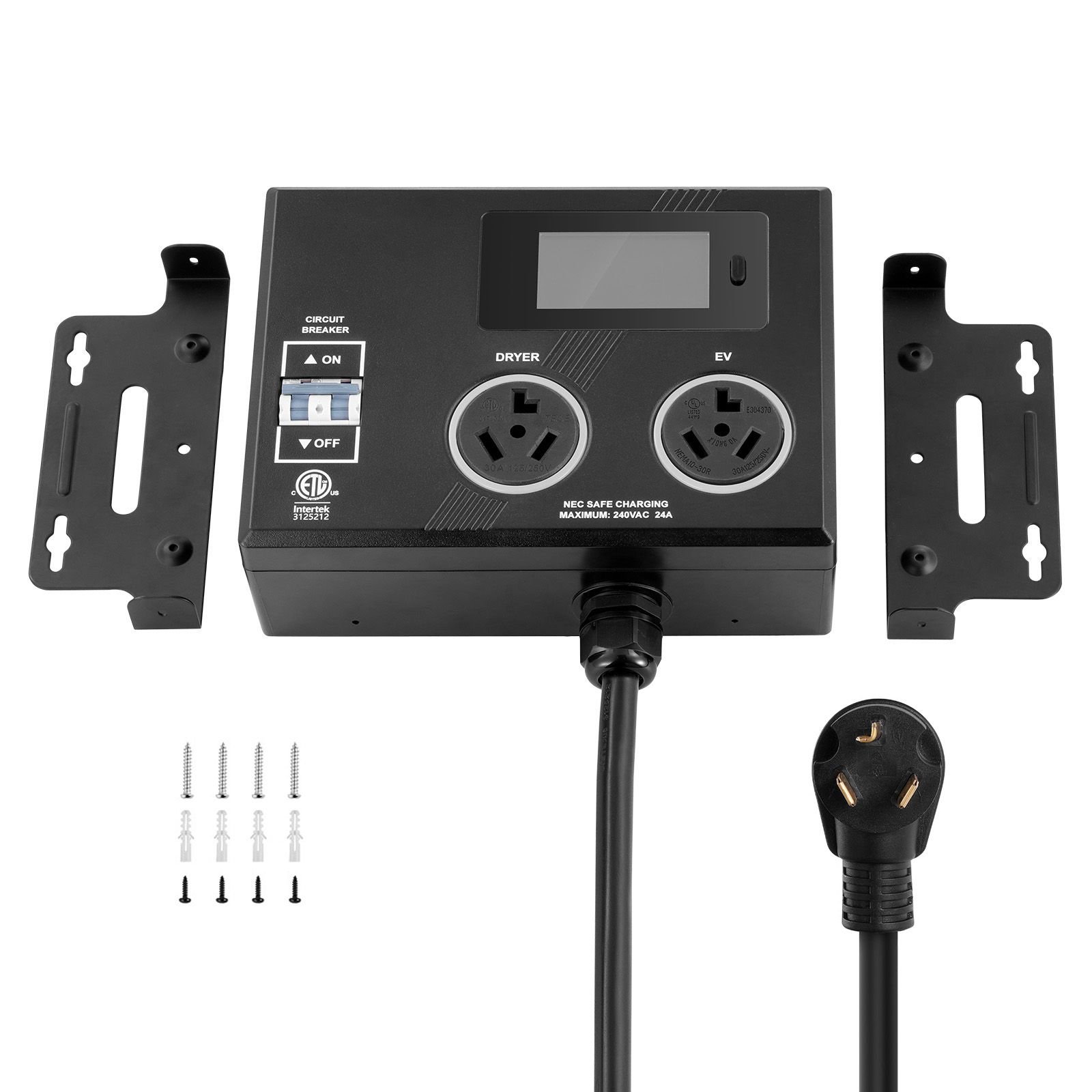 nema splitter for dryer and ev, 3 color led indicator, 240v smart power distribution, with nema 10 30 plug, two nema 10 30 outlets, 3.4 in lcd screen, max 24a dryer ev, tested to etl standard