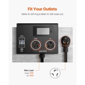nema splitter for dryer and ev, 3 color led indicator, 240v smart power distribution, with nema 10 30 plug, two nema 10 30 outlets, 3.4 in lcd screen, max 24a dryer ev, tested to etl standard