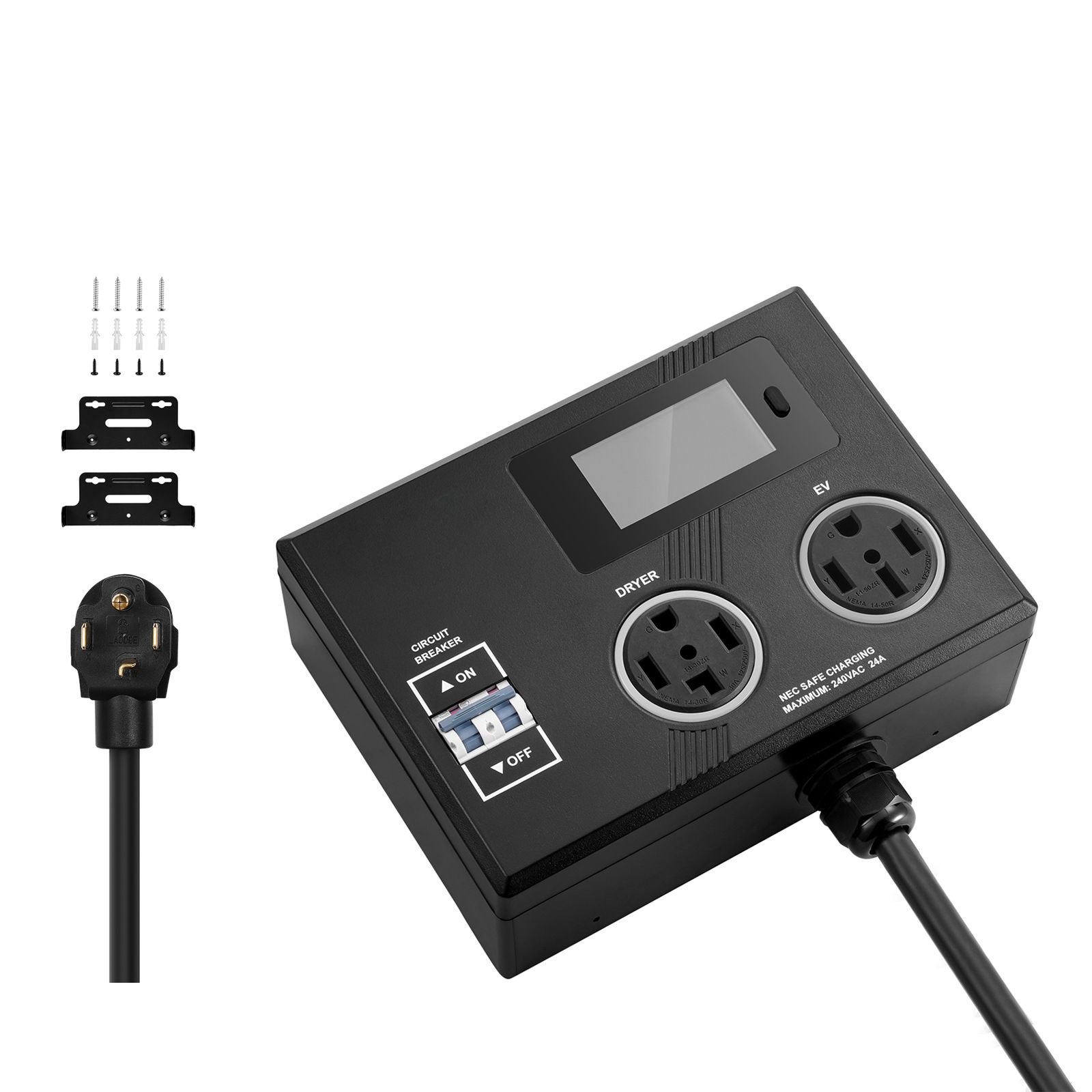 nema splitter for dryer and ev, 3 color led indicator, 240v smart power distribution, with nema 14 30 plug, nema 14 30 & nema 14 50 outlets, large 3.4 inch lcd screen, for max 24a dryer or ev