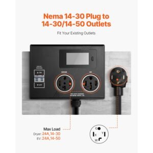 nema splitter for dryer and ev, 3 color led indicator, 240v smart power distribution, with nema 14 30 plug, nema 14 30 & nema 14 50 outlets, large 3.4 inch lcd screen, for max 24a dryer or ev