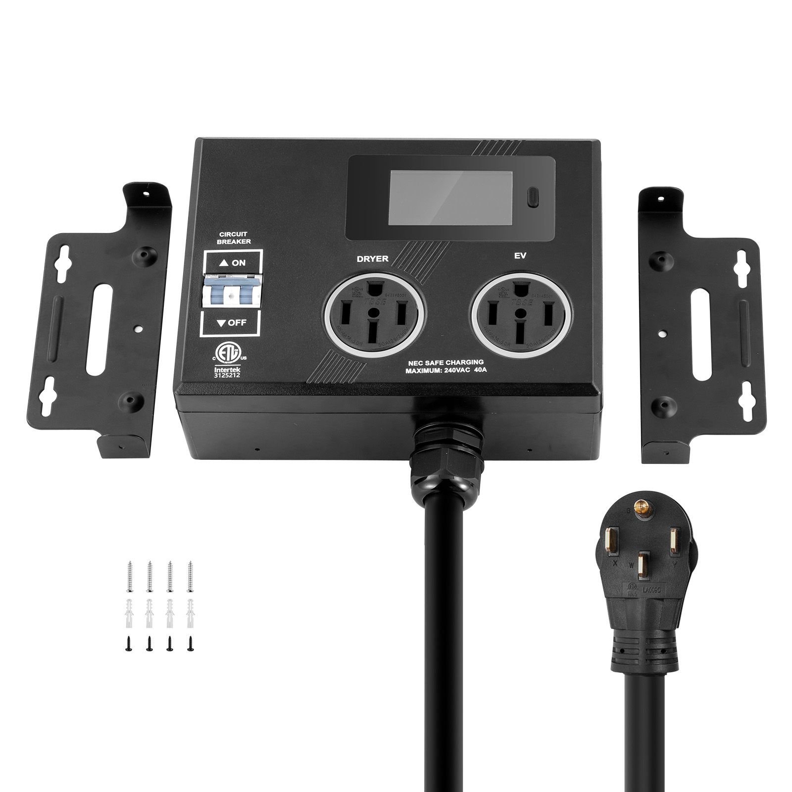 nema splitter for dryer and ev, 3 color led indicator, 240v smart power distribution, with nema 14 50 plug, two nema 14 50 outlets, 3.4 in lcd screen, max 40a dryer ev, tested to etl standard